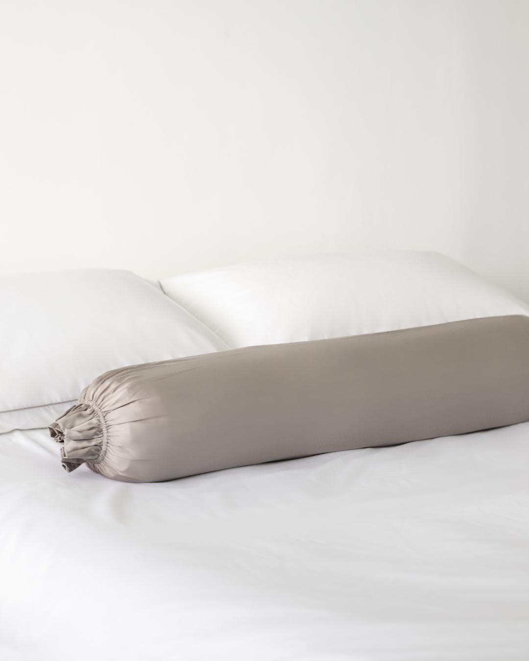ava and ava ph bamboo lyocell bolster pillow / hotdog pillow with gray bolster pillow cover / case and white bed sheets