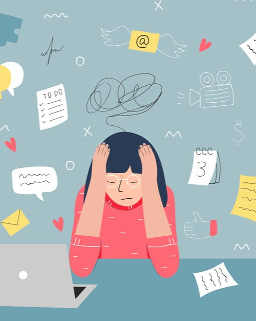 colored sketch of a girl frustrated and stressed with work