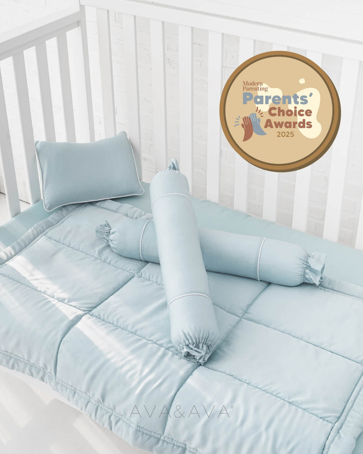 AVA & AVA white crib with blue organic bamboo lyocell baby bedding (baby comforter set - 1 pillowcase, 2 bolstercases, 1 comforter; baby pillow set - 1 headshaping pillow, 2 bolsters; crib fitted sheet)