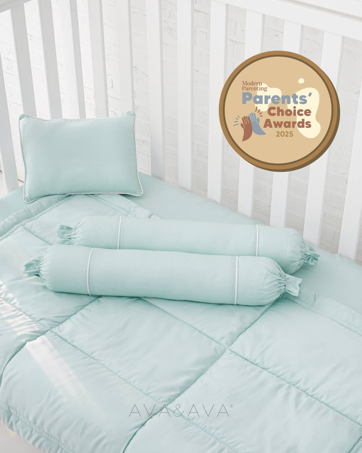 AVA & AVA white crib with mint green organic bamboo lyocell baby bedding (baby comforter set - 1 pillowcase, 2 bolstercases, 1 comforter; baby pillow set - 1 headshaping pillow, 2 bolsters; crib fitted sheet)