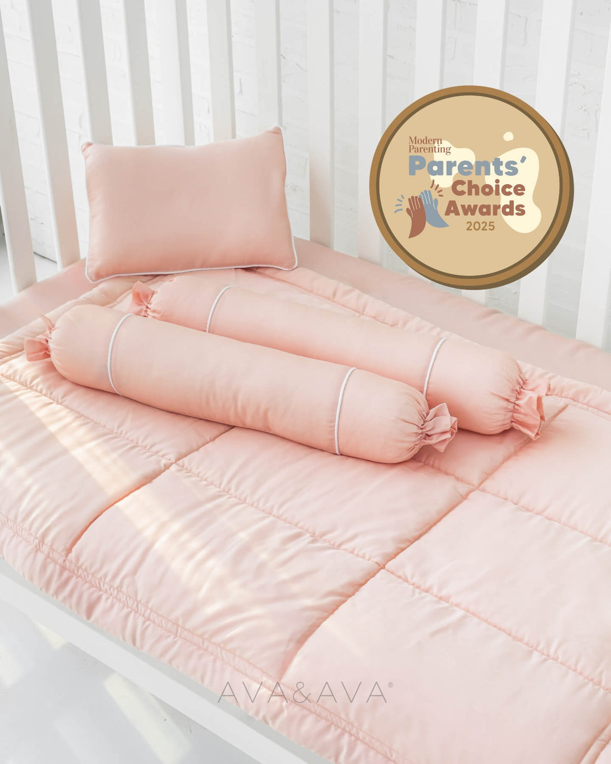 AVA & AVA white crib with pink organic bamboo lyocell baby bedding (baby comforter set - 1 pillowcase, 2 bolstercases, 1 comforter; baby pillow set - 1 headshaping pillow, 2 bolsters; crib fitted sheet)