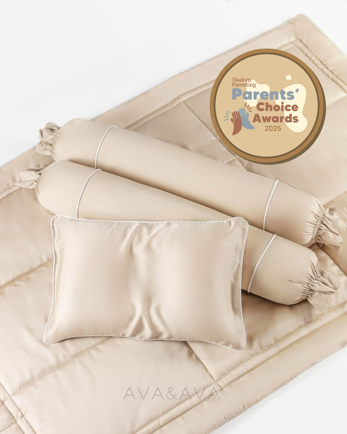 AVA & AVA white crib with sand beige organic bamboo lyocell baby bedding (baby comforter set - 1 pillowcase, 2 bolstercases, 1 comforter; baby pillow set - 1 headshaping pillow, 2 bolsters; crib fitted sheet)