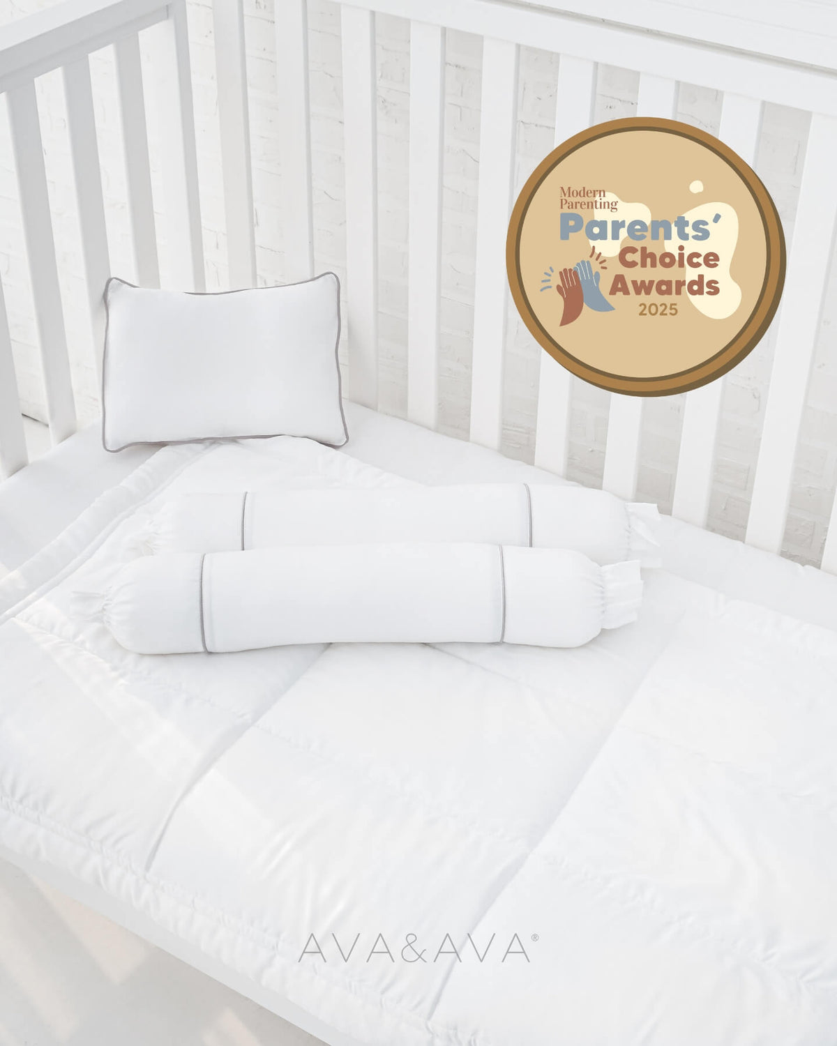 AVA & AVA white crib with white organic bamboo lyocell baby bedding (baby comforter set - 1 pillowcase, 2 bolstercases, 1 comforter; baby pillow set - 1 headshaping pillow, 2 bolsters; crib fitted sheet)