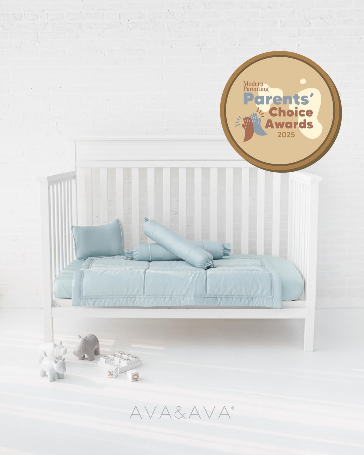 AVA & AVA White crib with blueorganic bamboo lyocell baby bedding (baby comforter set - 1 pillowcase, 2 bolstercases, 1 comforter; baby pillow set - 1 headshaping pillow, 2 bolsters; crib fitted sheet)