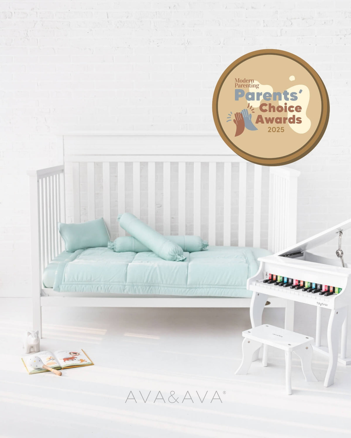 AVA & AVA White crib with mint green organic bamboo lyocell baby bedding (baby comforter set - 1 pillowcase, 2 bolstercases, 1 comforter; baby pillow set - 1 headshaping pillow, 2 bolsters; crib fitted sheet)