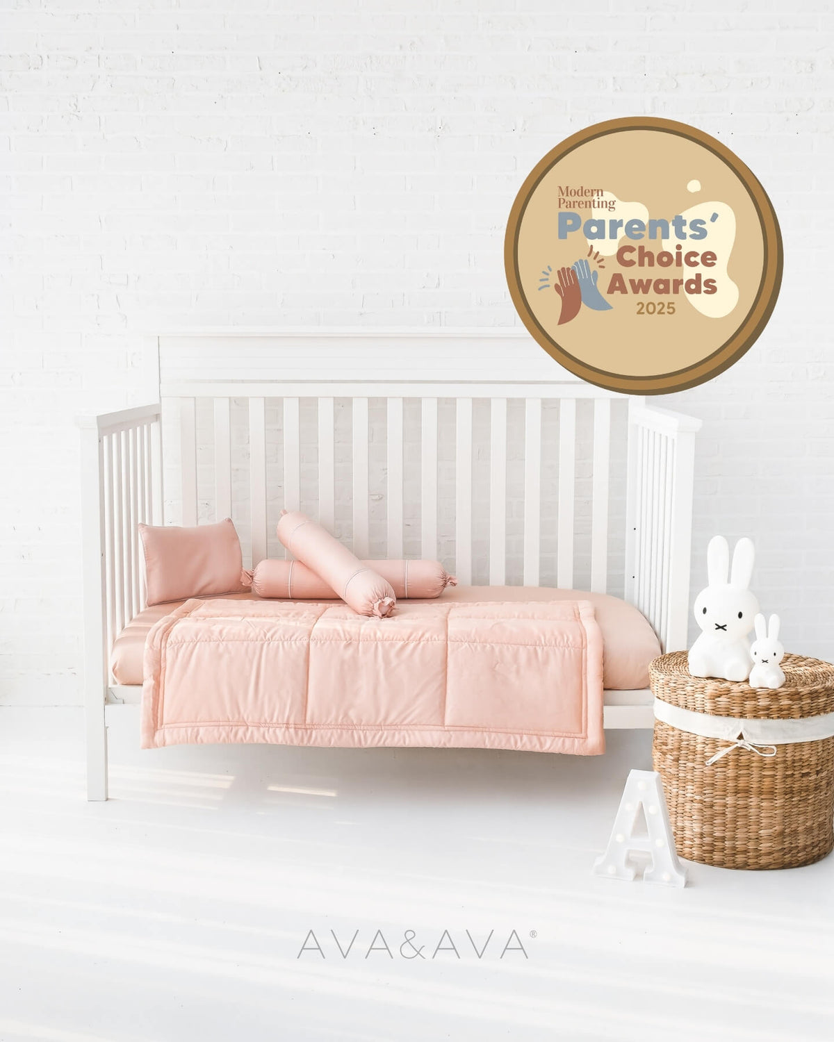 AVA & AVA White crib with pink organic bamboo lyocell baby bedding (baby comforter set - 1 pillowcase, 2 bolstercases, 1 comforter; baby pillow set - 1 headshaping pillow, 2 bolsters; crib fitted sheet)