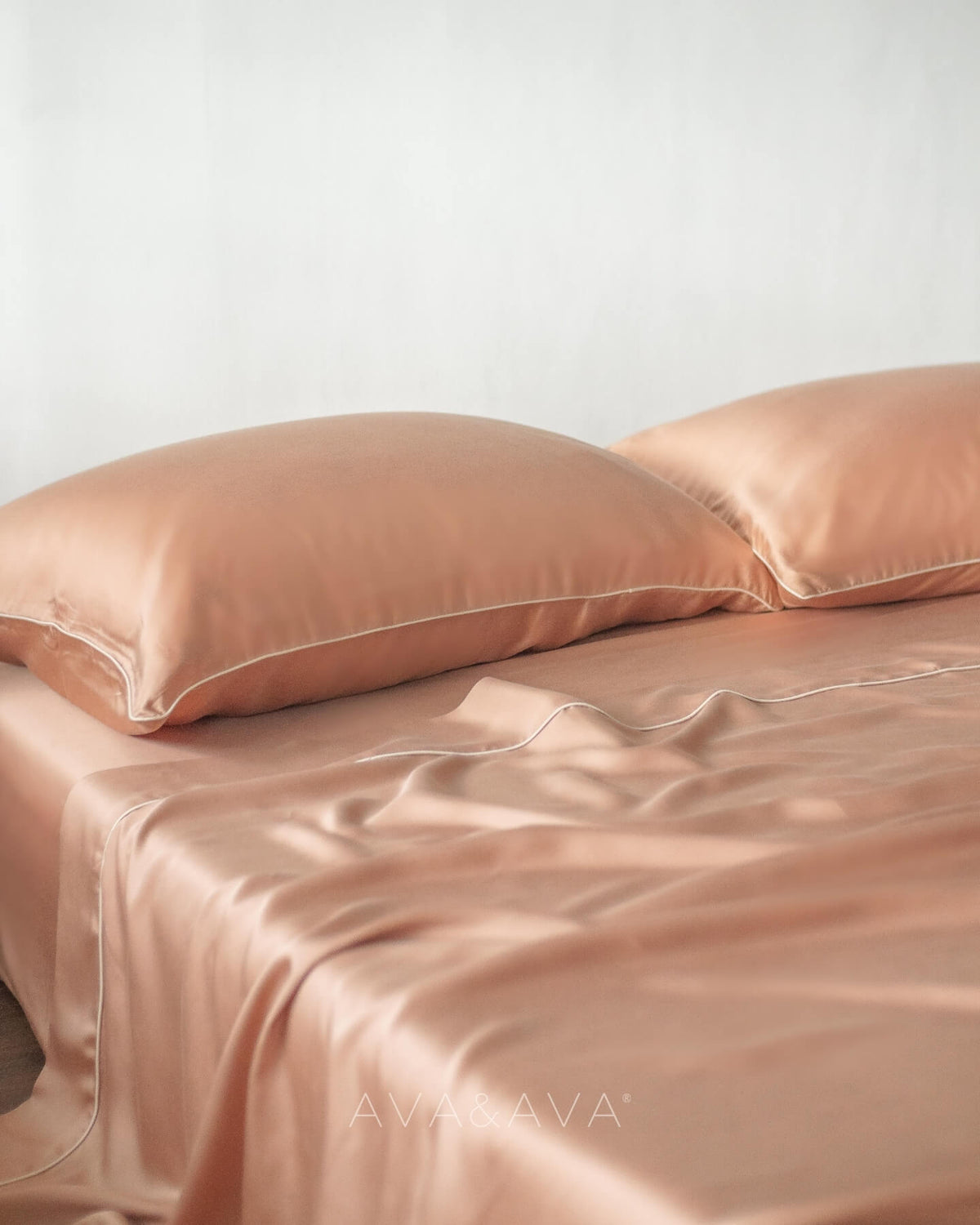 ava and ava ph organic bamboo lyocell 4pc sheet set (fitted sheet, flat sheet, pillowcases) AUTUMN CARAMEL OCHRE WITH BEIGE contrast piping at the top hem