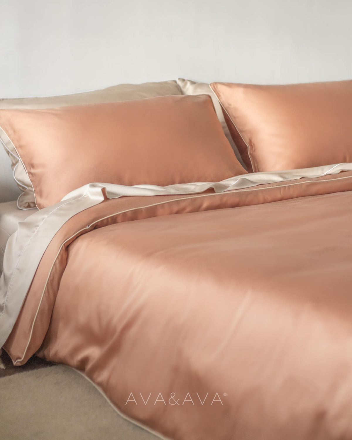 ava and ava ph organic bamboo lyocell duvet cover and sheet set (fitted sheet, pillowcases) in silver lining (AUTUMN CARAMEL OCHRE WITH BEIGE piping). soft and cooling bedsheets perfect for summer.