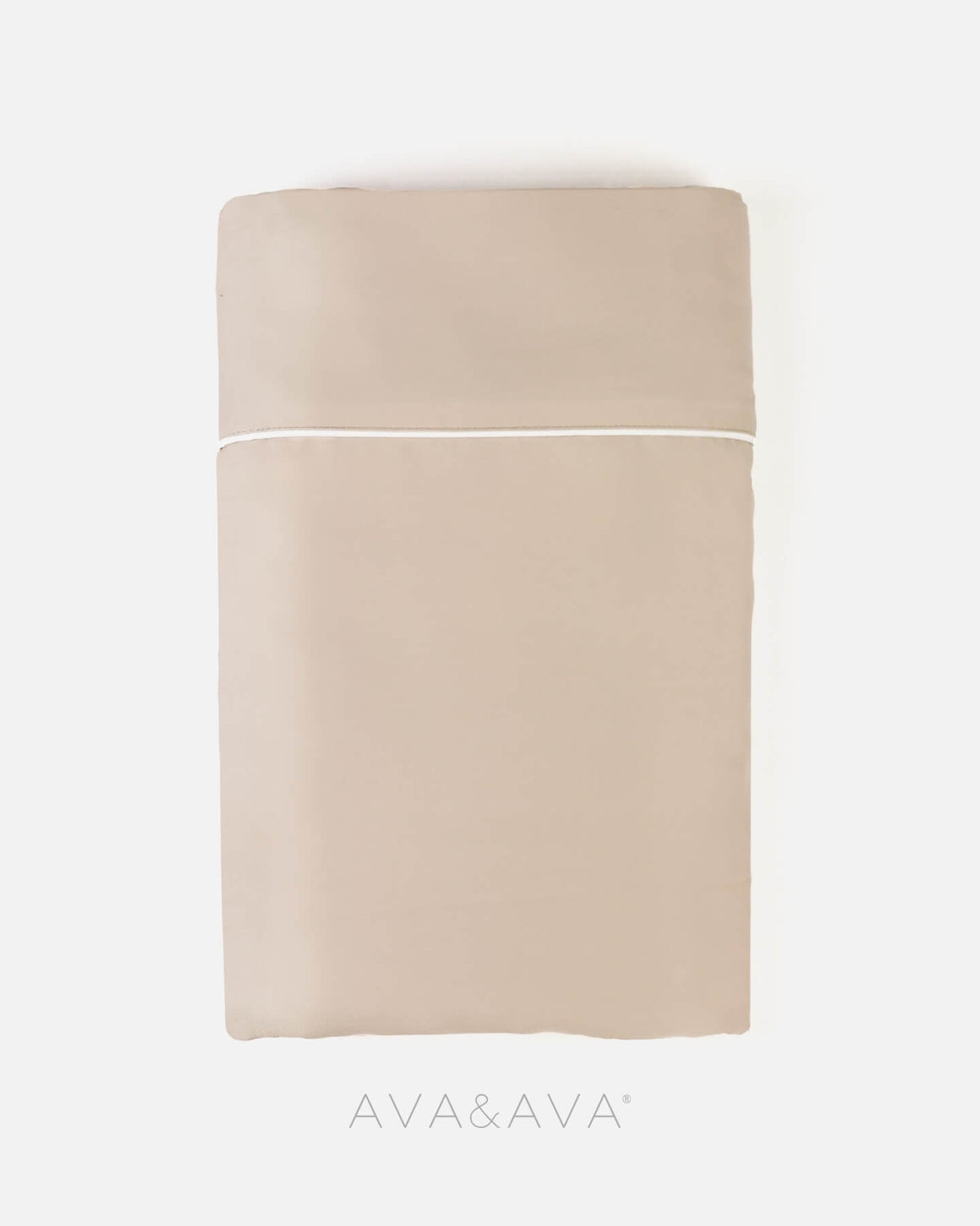 ava and ava ph organic bamboo lyocell flat sheet with contrast piping. neutral beige sand