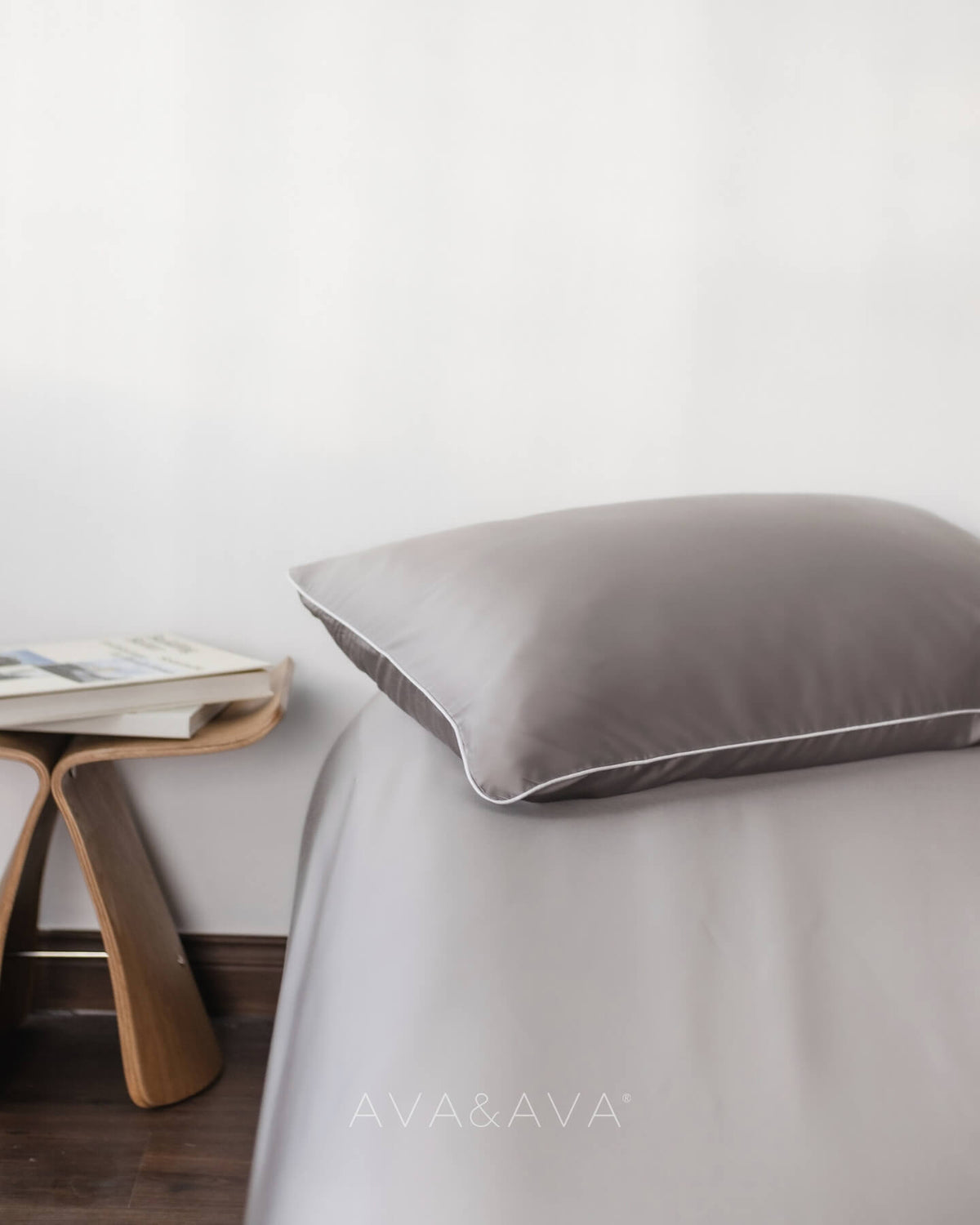 ava and ava ph organic bamboo lyocell 3pc sheet set (2 pillowcases 1 fitted sheet) in urban oasis (gray with white piping). ava and ava ph soft, cooling, breathable bed sheets.