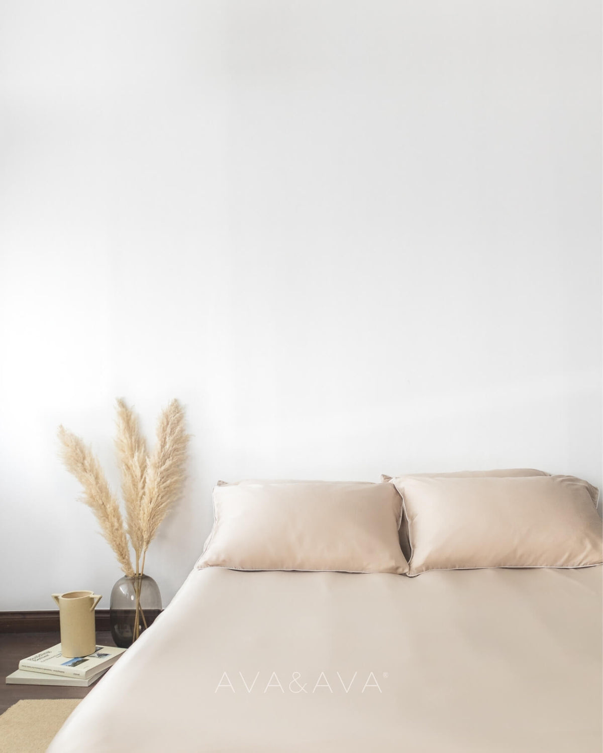 ava and ava ph organic bamboo lyocell 3pc sheet set (fitted sheet + pillowcases) in neutral beige sand hue with white piping. ultra soft, cooling and breathable bedding.
