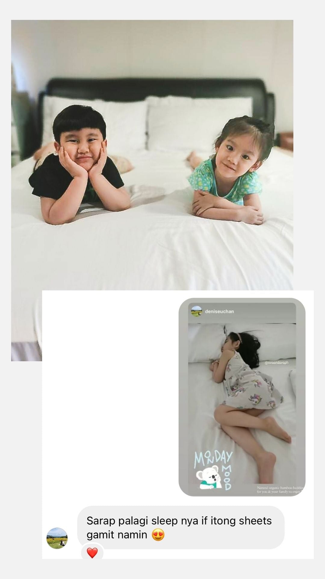 ava and ava review - cool, silky soft organic bamboo lyocell sheet set, pillowcases in white with kids enjoying sleeping by den
