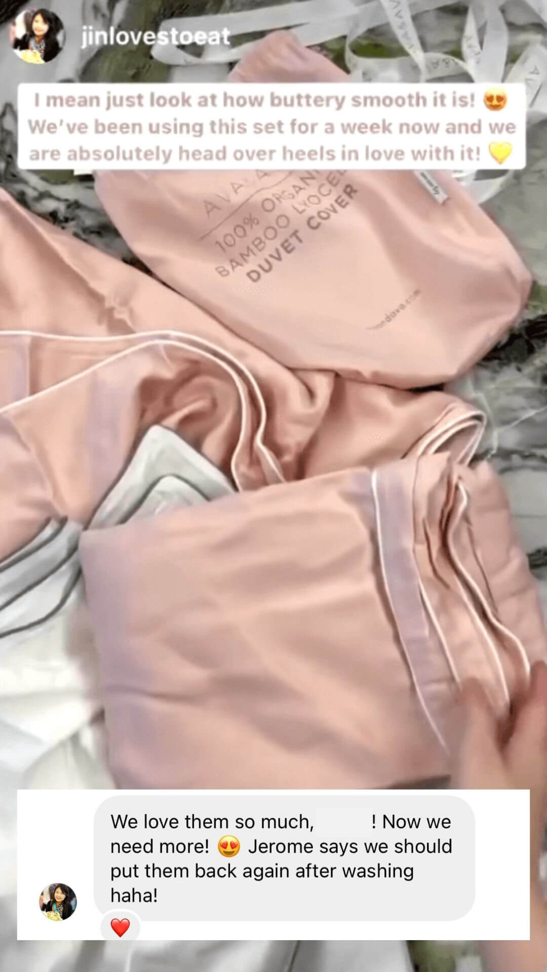 ava and ava ph review - cool, buttery smooth and silky soft organic bamboo lyocell sheet set, pillowcases, duvet cover in blush pink and white with white piping by jin loves to eat @jinlovestoeat