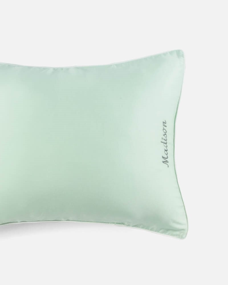 ava and ava organic bamboo lyocell toddler pillowcases / mini pillowcases / tempur pillowcase. hypoallergenic soft and breathable. color mint green with white pillowcases with monogram custom embroidery name