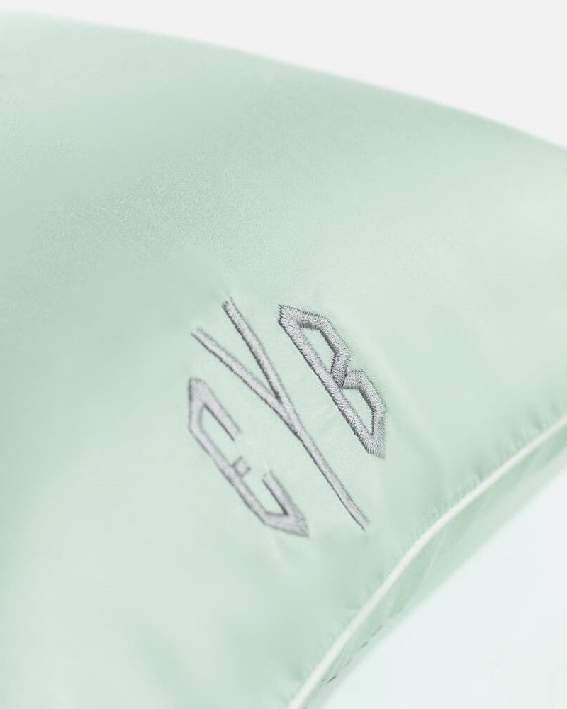 ava and ava organic bamboo lyocell toddler pillowcases / mini pillowcases / tempur pillowcase. hypoallergenic soft and breathable. color mint green with white pillowcases with monogram custom embroidery initials