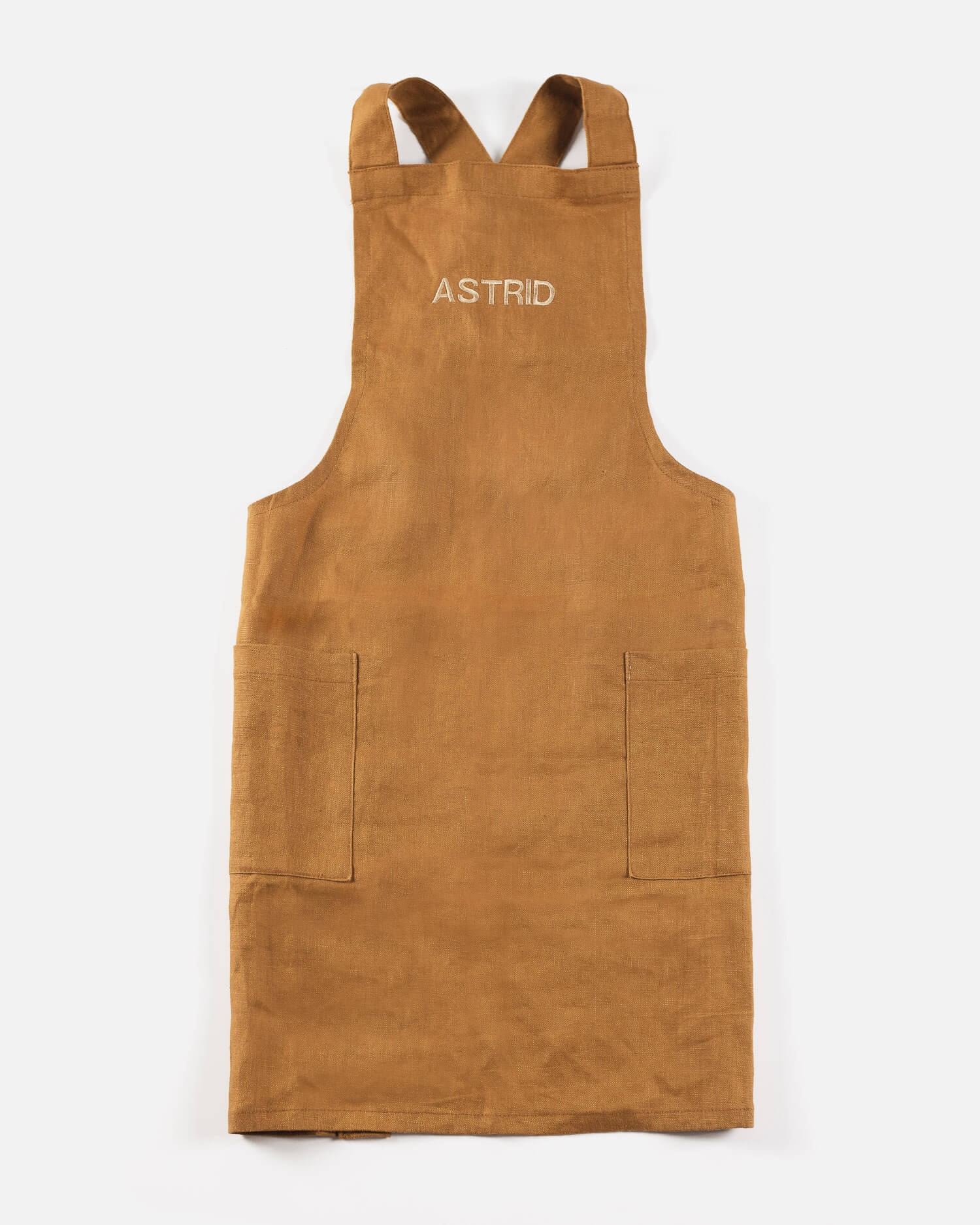 ava and ava ph Pure linen matching adult and crossback apron in caramel and natural with custom embroidery and monogram name initials