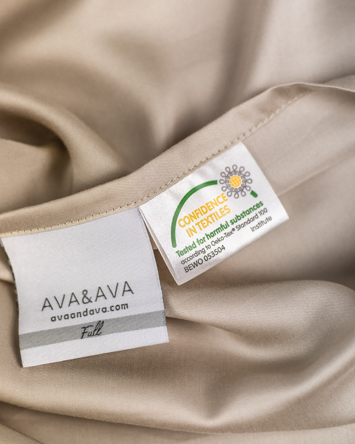 ava and ava organic bamboo lyocell sheets sand beige oekotex oeko-tex standard 100 certification label free from harmful chemicals safe for skin