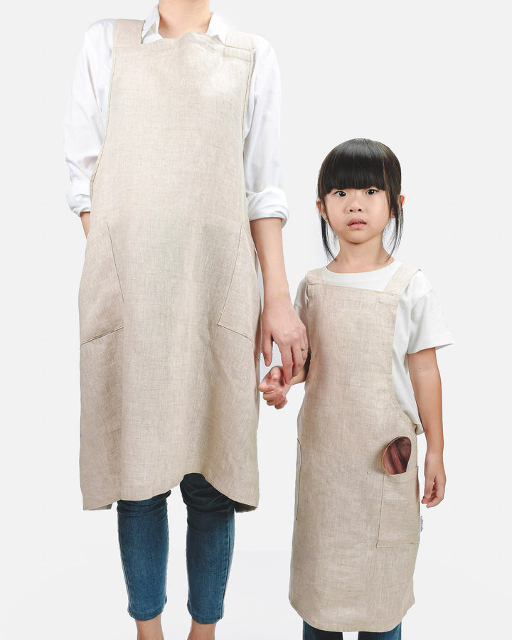 ava and ava pure flax linen japanese-style korean-style crossback aprons for adult and child in natural linen color