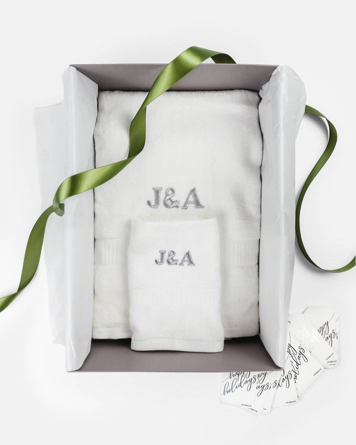 ava and ava ph organic bamboo face towel and bath towel white stack monogrammed towels with personalized embroidery in gray gift box green ribbon with holiday christmas gift tags - wedding couple gift
