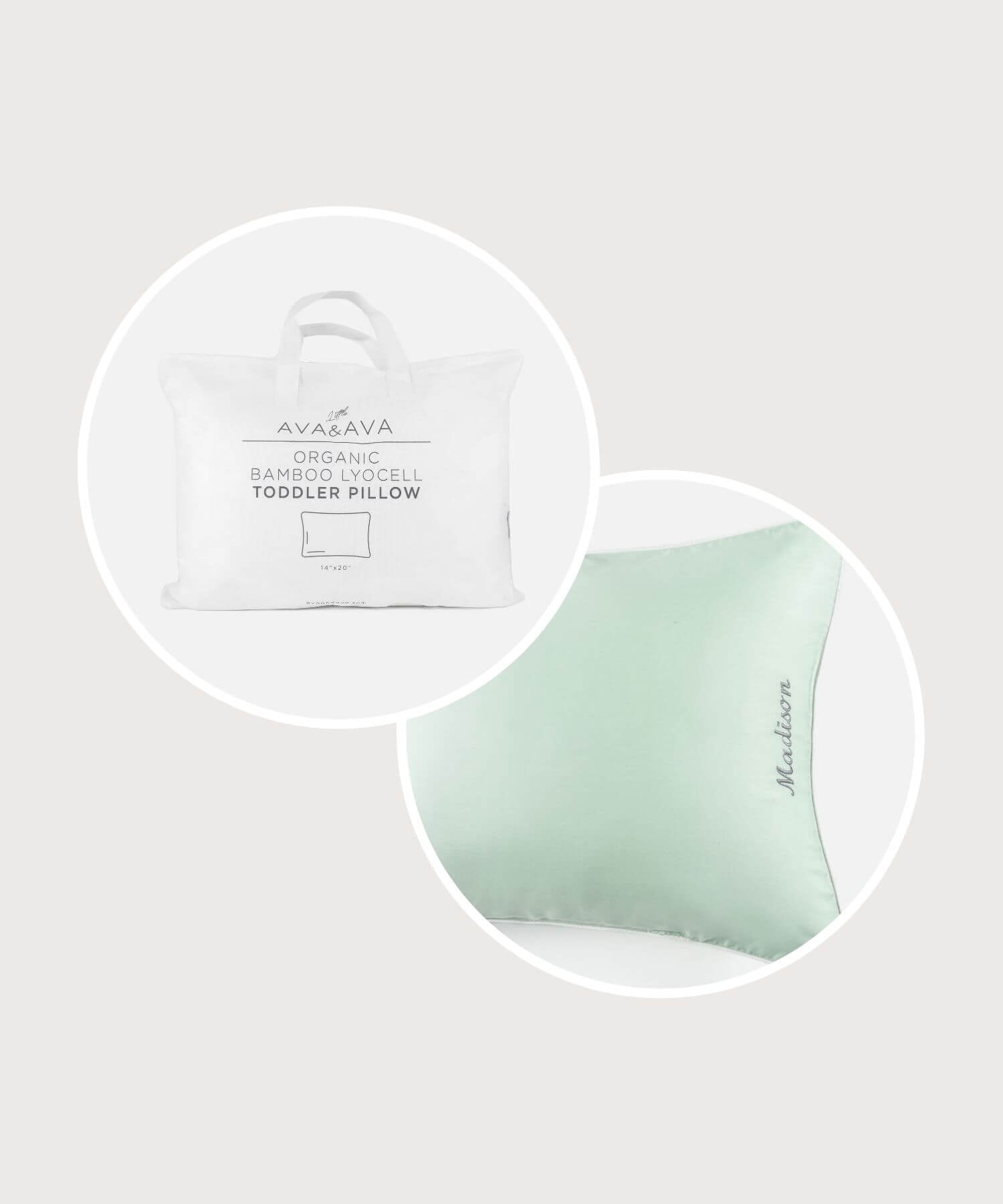 ava and ava ph organic bamboo lyocell toddler pillow and todller pillowcase in mint green with personalized monogram embroidery