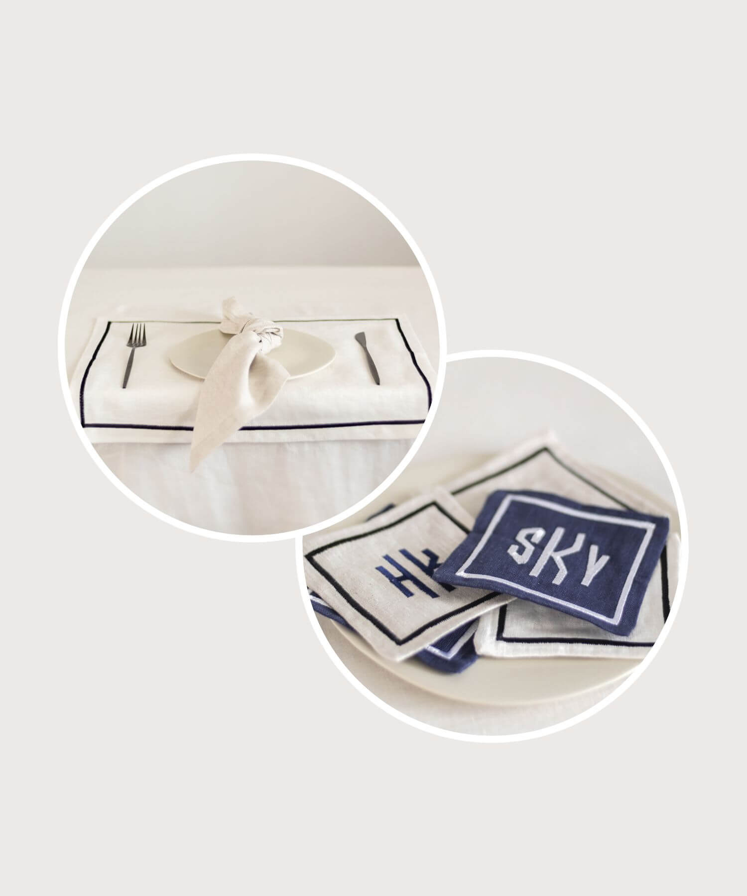 ava and ava ph organic pure linen table linen - table napkin, placemat, coasters in natural, navy, white color with personalized monogram embroidery