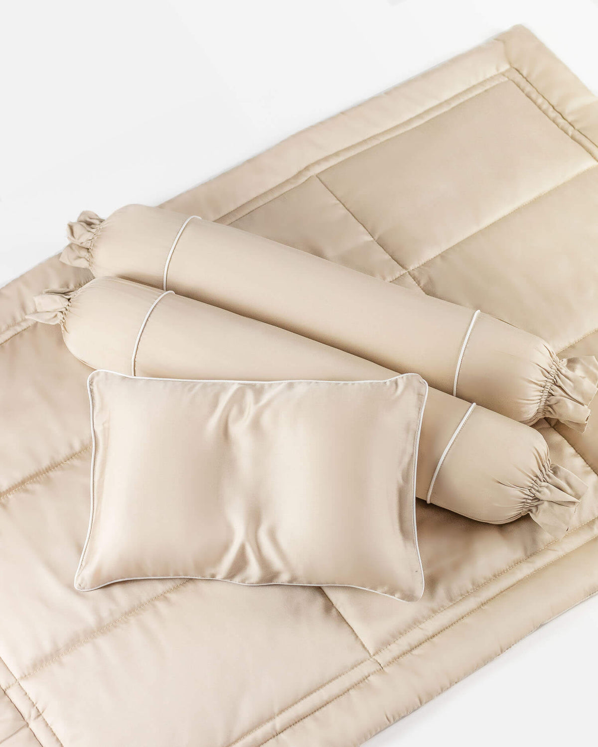 Beige organic bamboo lyocell baby bedding (baby comforter set - 1 pillowcase, 2 bolstercases, 1 comforter; baby pillow set - 1 headshaping pillow, 2 bolsters; crib fitted sheet)