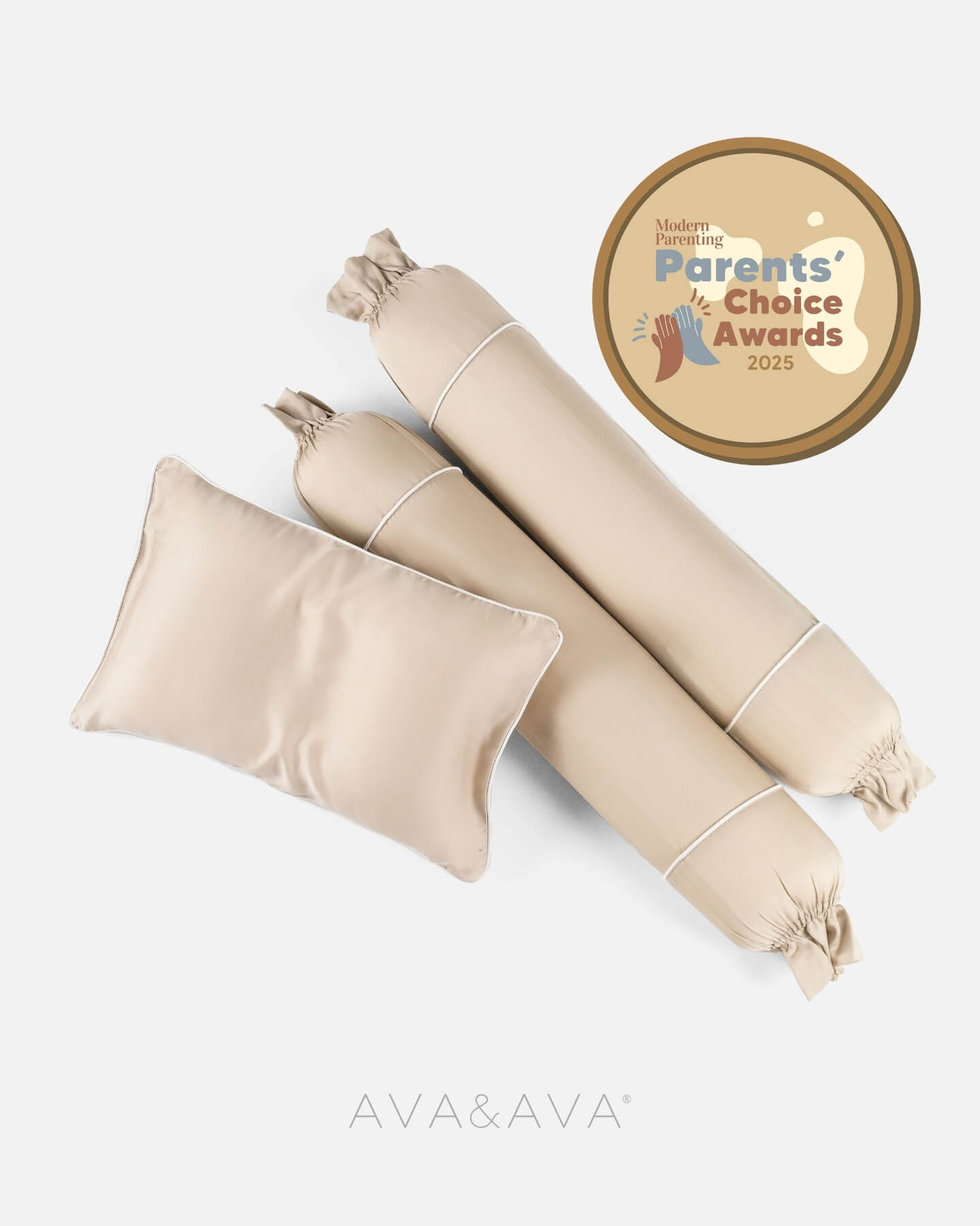 ava and ava ph organic bamboo lyocell baby pillowcase set - pillowcase, 2 bolstercases in powder sand beige with white piping)