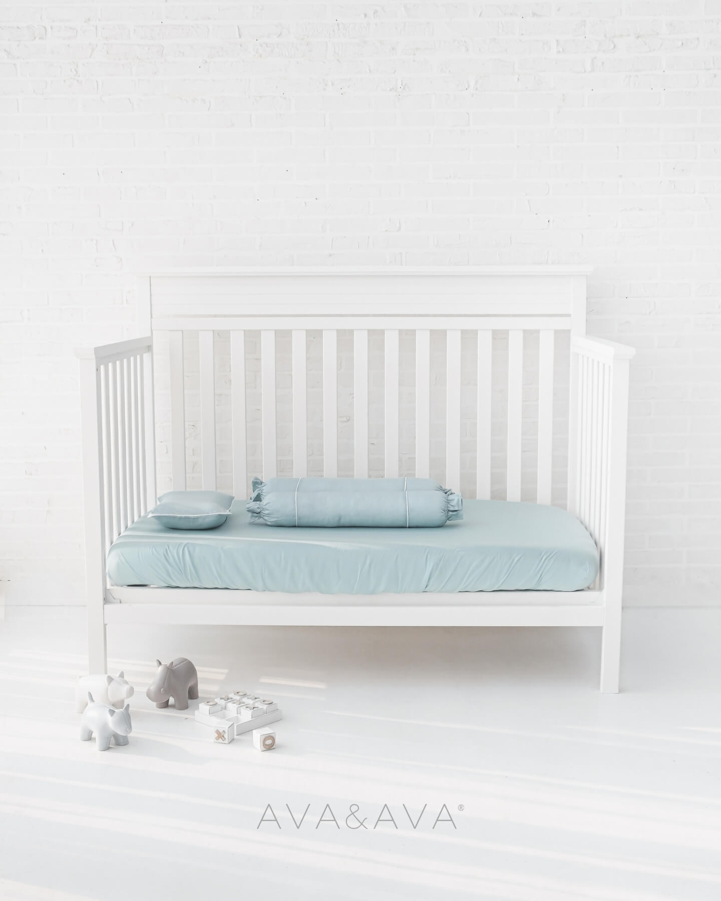 ava and ava ph organic bamboo lyocell baby bedding - crib fitted sheet, pillowcase, 2 bolstercases in silver lining (blue with white piping). breathable soft. theasianparent awards philippines best crib sheets