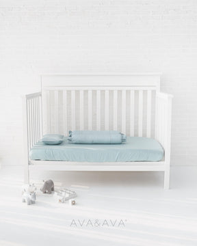 ava and ava ph organic bamboo lyocell baby bedding - crib fitted sheet, pillowcase, 2 bolstercases in silver lining (blue with white piping). breathable soft. theasianparent awards philippines best crib sheets