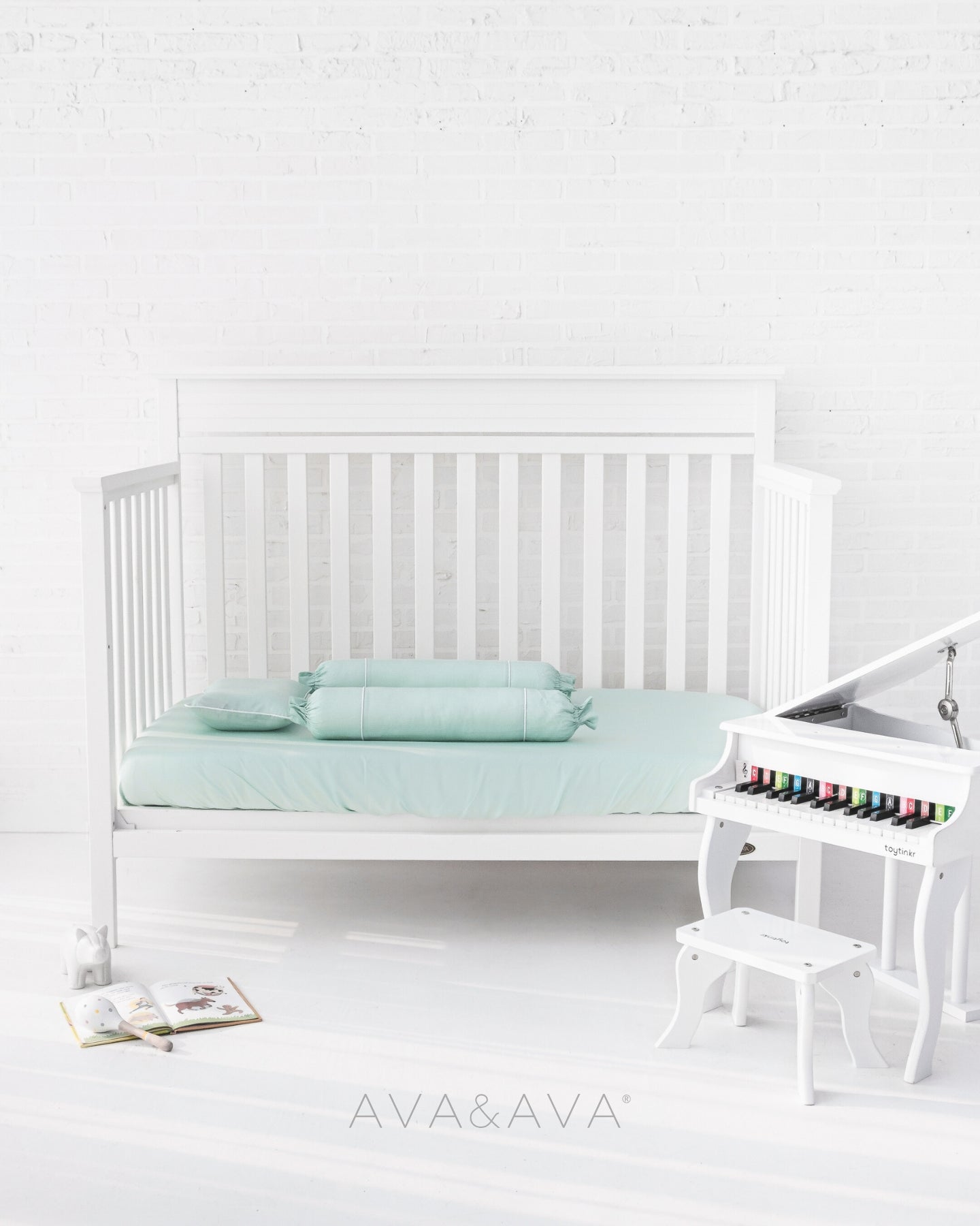 ava and ava ph organic bamboo lyocell baby bedding - crib fitted sheet, pillowcase, 2 bolstercases in silver lining (mint green with white piping). breathable soft. theasianparent awards modern parenting phillipines best crib sheets