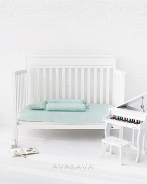 ava and ava ph organic bamboo lyocell baby bedding - crib fitted sheet, pillowcase, 2 bolstercases in silver lining (mint green with white piping). breathable soft. theasianparent awards modern parenting phillipines best crib sheets