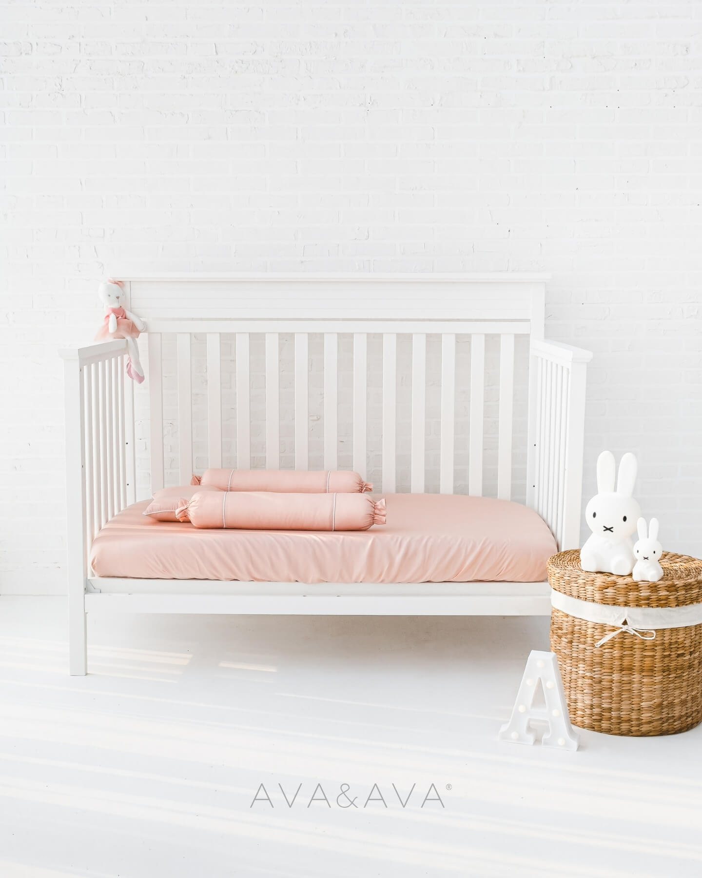 ava and ava ph organic bamboo lyocell baby bedding - crib fitted sheet, pillowcase, 2 bolstercases in silver lining (pink with white piping). breathable soft. theasianparent awards philippines best crib sheets