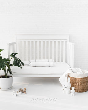 ava and ava ph organic bamboo lyocell baby bedding - crib fitted sheet, pillowcase, 2 bolstercases in silver lining (white with gray piping). breathable soft. theasianparent awards philippines best crib sheets