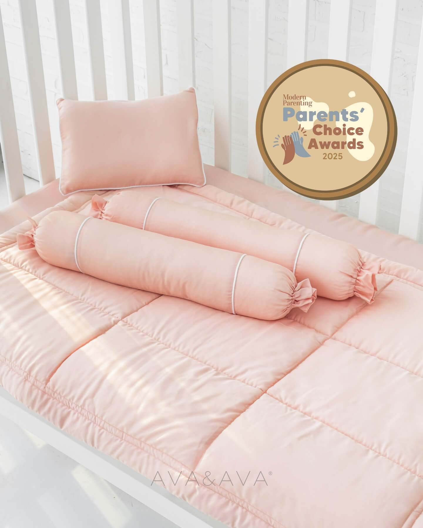 AVA & AVA white crib with pink organic bamboo lyocell baby bedding (baby comforter set - 1 pillowcase, 2 bolstercases, 1 comforter; baby pillow set - 1 headshaping pillow, 2 bolsters; crib fitted sheet) 