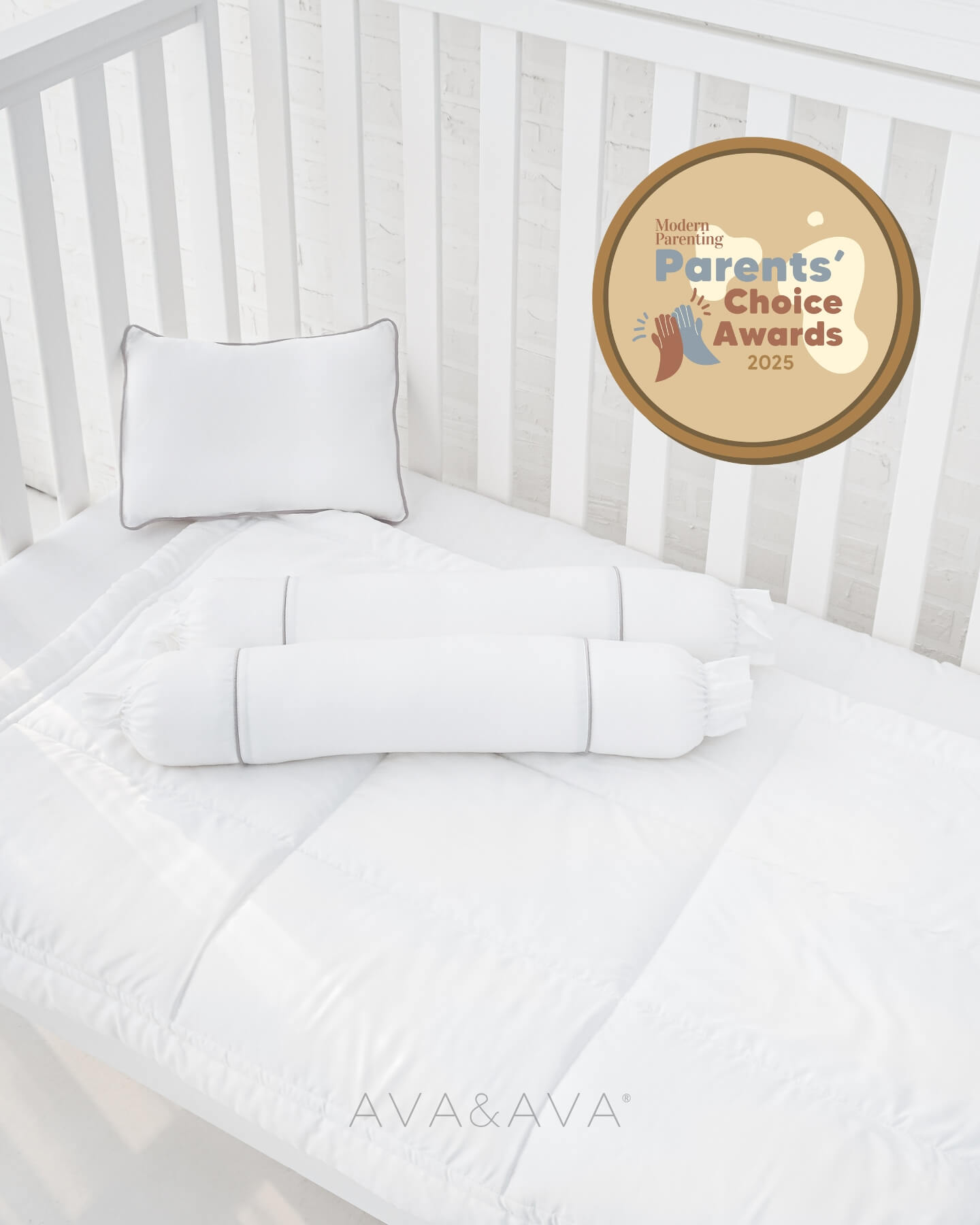 AVA & AVA white crib with white organic bamboo lyocell baby bedding (baby comforter set - 1 pillowcase, 2 bolstercases, 1 comforter; baby pillow set - 1 headshaping pillow, 2 bolsters; crib fitted sheet) 