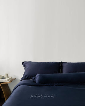 ava and ava ph organic bamboo lyocell bedding set (pillowcases, fitted sheet, flat sheet, duvet cover, bolster pillow, bolstercase). colors: navy ocean blue