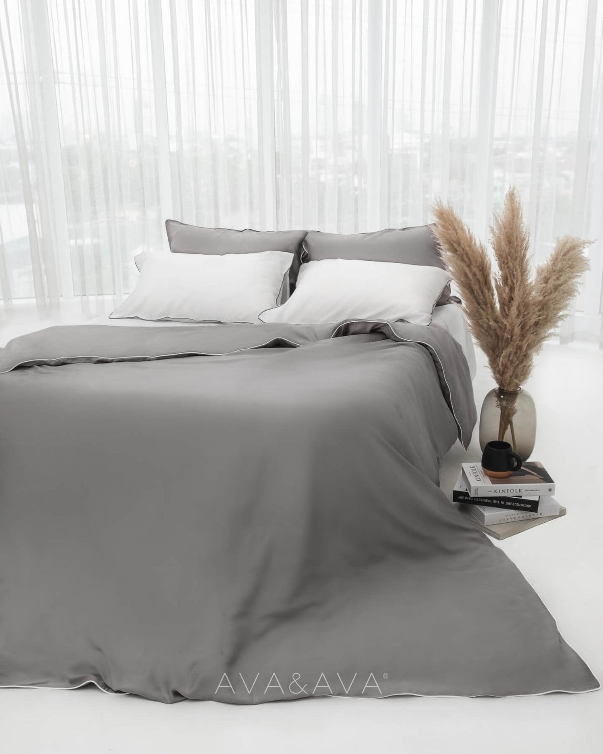 ava and ava ph organic bamboo lyocell duvet cover and sheet set (fitted sheet, pillowcases) in silver lining (GRAY WITH WHITE piping). soft and cooling bedsheets perfect for summer.
