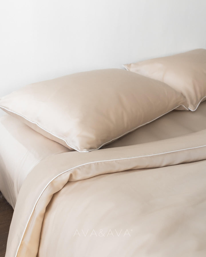 ava and ava ph organic bamboo lyocell duvet cover and sheet set (fitted sheet, pillowcases) in silver lining (NEUTRAL SAND BEIGE WITH WHITE piping). soft and cooling bedsheets perfect for summer. 