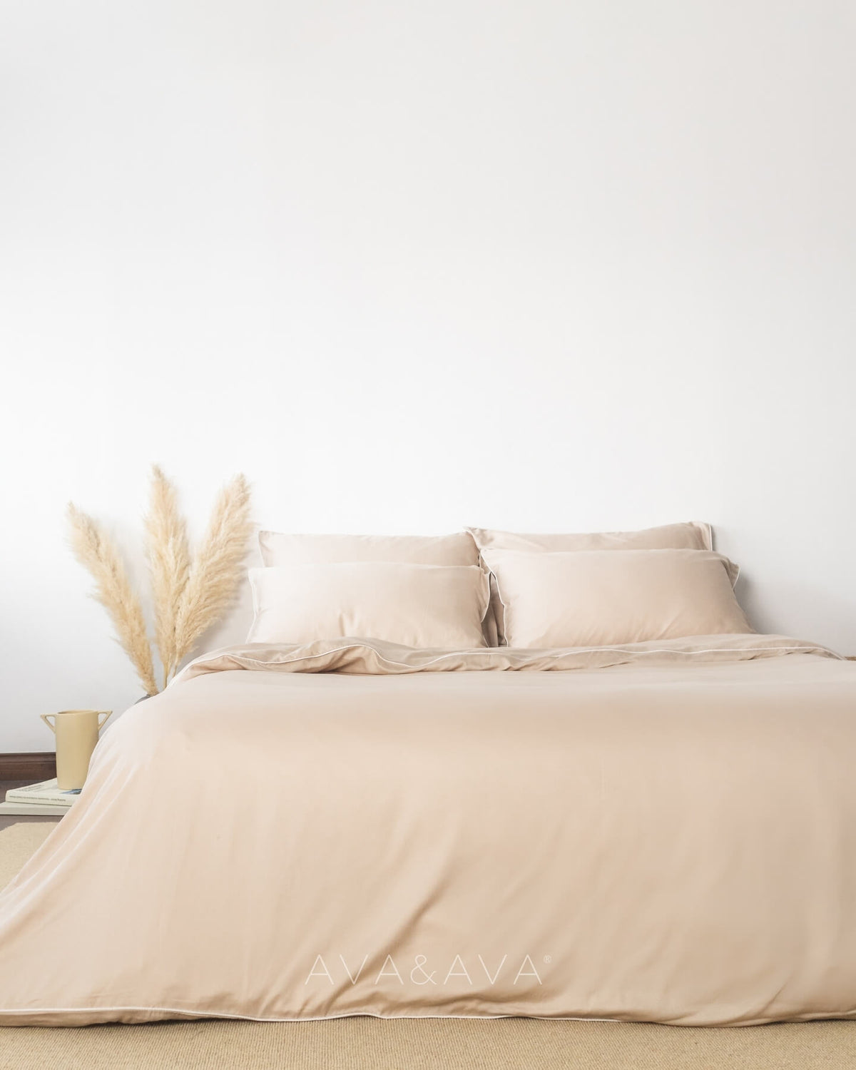ava and ava ph organic bamboo lyocell duvet cover and sheet set (fitted sheet, pillowcases) in silver lining (NEUTRAL SAND BEIGE WITH WHITE piping). soft and cooling bedsheets perfect for summer. WHITE PILLOWCASES