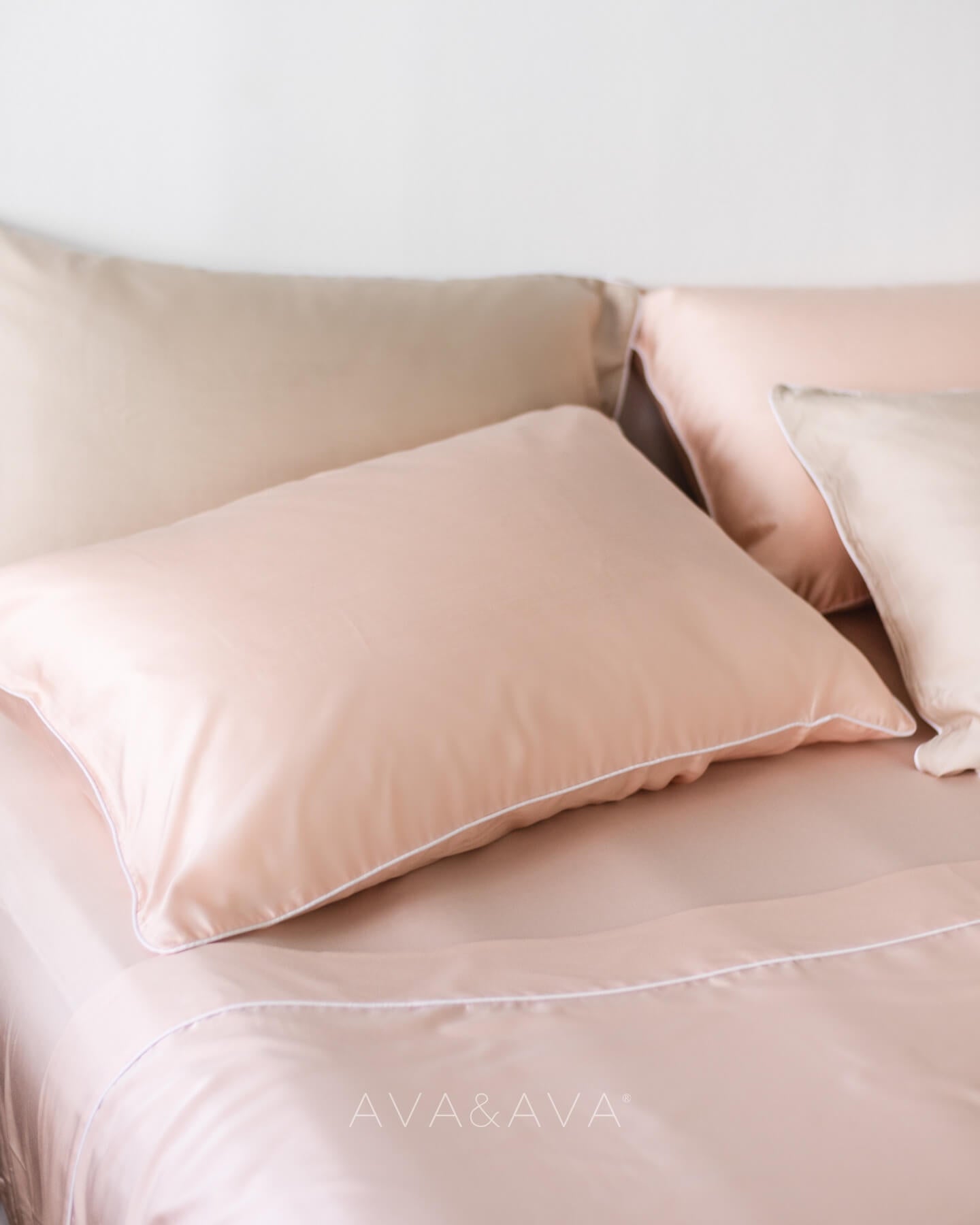 ava and ava ph organic bamboo lyocell bedding set (pillowcases, fitted sheet, flat sheet). silky soft and breathable. PINK AND SAND BEIGE. 