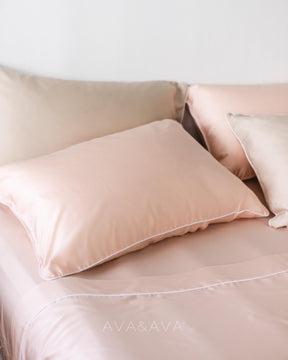 ava and ava ph organic bamboo lyocell bedding set (pillowcases, fitted sheet, flat sheet). silky soft and breathable. PINK AND SAND BEIGE. 