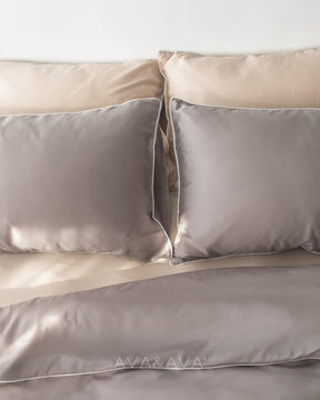 ava and ava ph organic bamboo lyocell bedding set (pillowcases, fitted sheet, duvet cover). silky soft and breathable. GRAY AND NEUTRAL SAND BEIGE. 