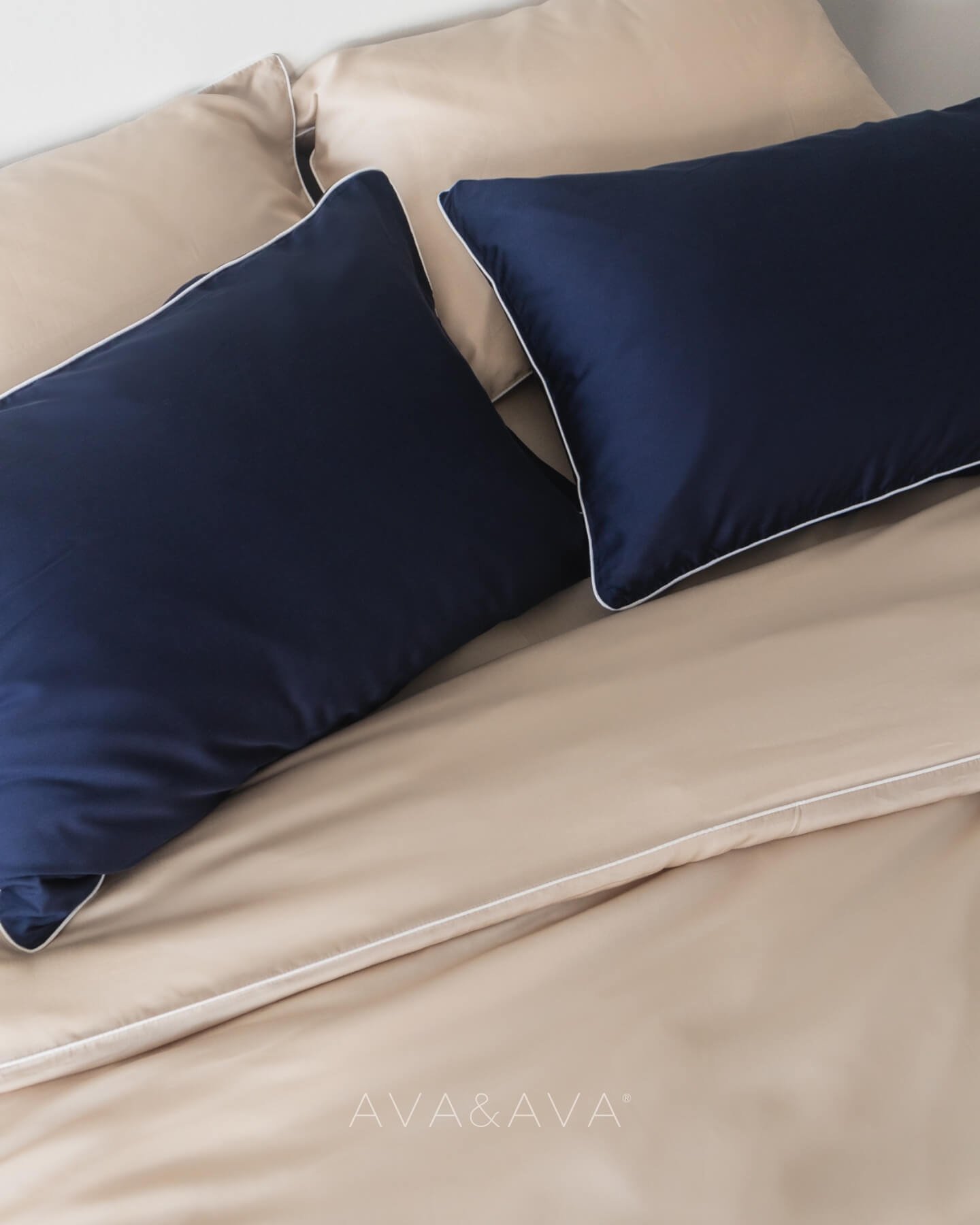 ava and ava ph organic bamboo lyocell bedding set (pillowcases, fitted sheet, duvet cover). silky soft and breathable. NAVY BLUE OCEAN AND SAND BEIGE. 