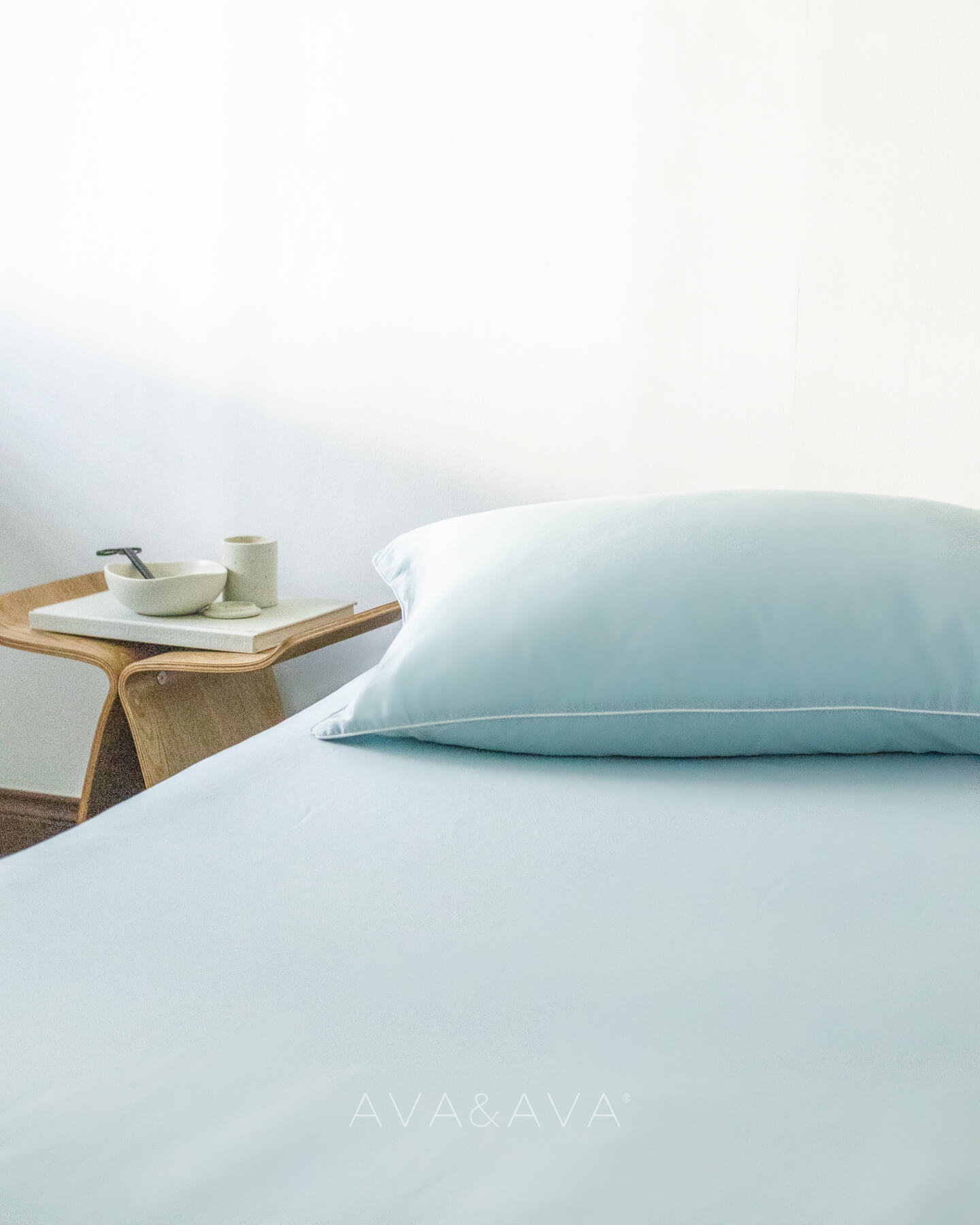 ava and ava philippines organic bamboo lyocell 3pc sheet set (2 pillowcases 1 fitted sheet) in powder blue (sky blue with white piping). ava and ava ph soft, cooling, breathable bed sheets.
