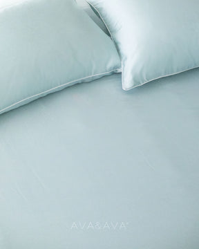 ava and ava philippines organic bamboo lyocell 3pc sheet set (2 pillowcases 1 fitted sheet) in powder blue (sky blue with white piping). ava and ava ph soft, cooling, breathable bed sheets.
