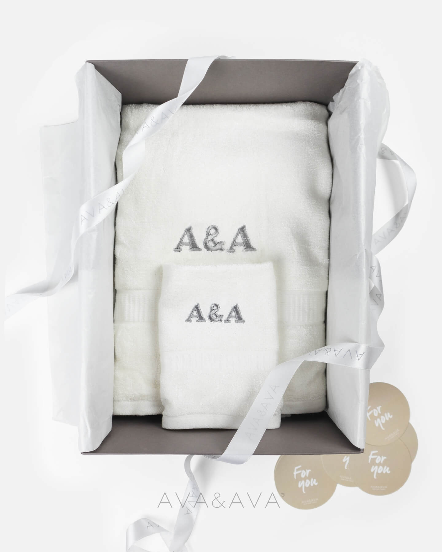 ava and ava ph organic bamboo face towel and bath towel white. absorbent and quick drying. like hotel spa towels. soft and luxurious. perfect for sensitive skin. with personalized embroidery monogram initials. premium gift box.