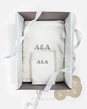 ava and ava ph organic bamboo face towel and bath towel white. absorbent and quick drying. like hotel spa towels. soft and luxurious. perfect for sensitive skin. with personalized embroidery monogram initials. premium gift box.