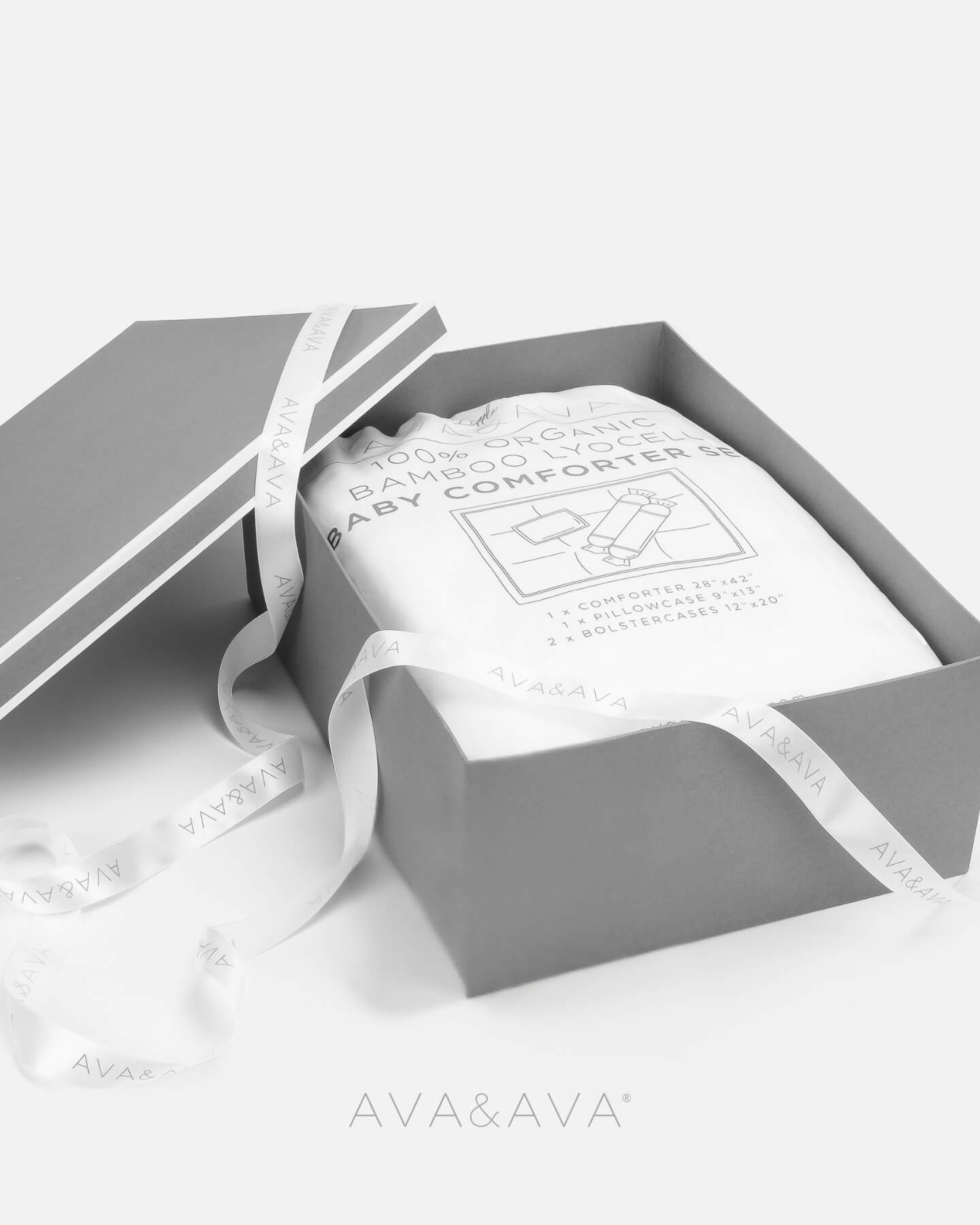 ava and ava ph gray premium gift box. organic bamboo lyocell baby comforter set white. 