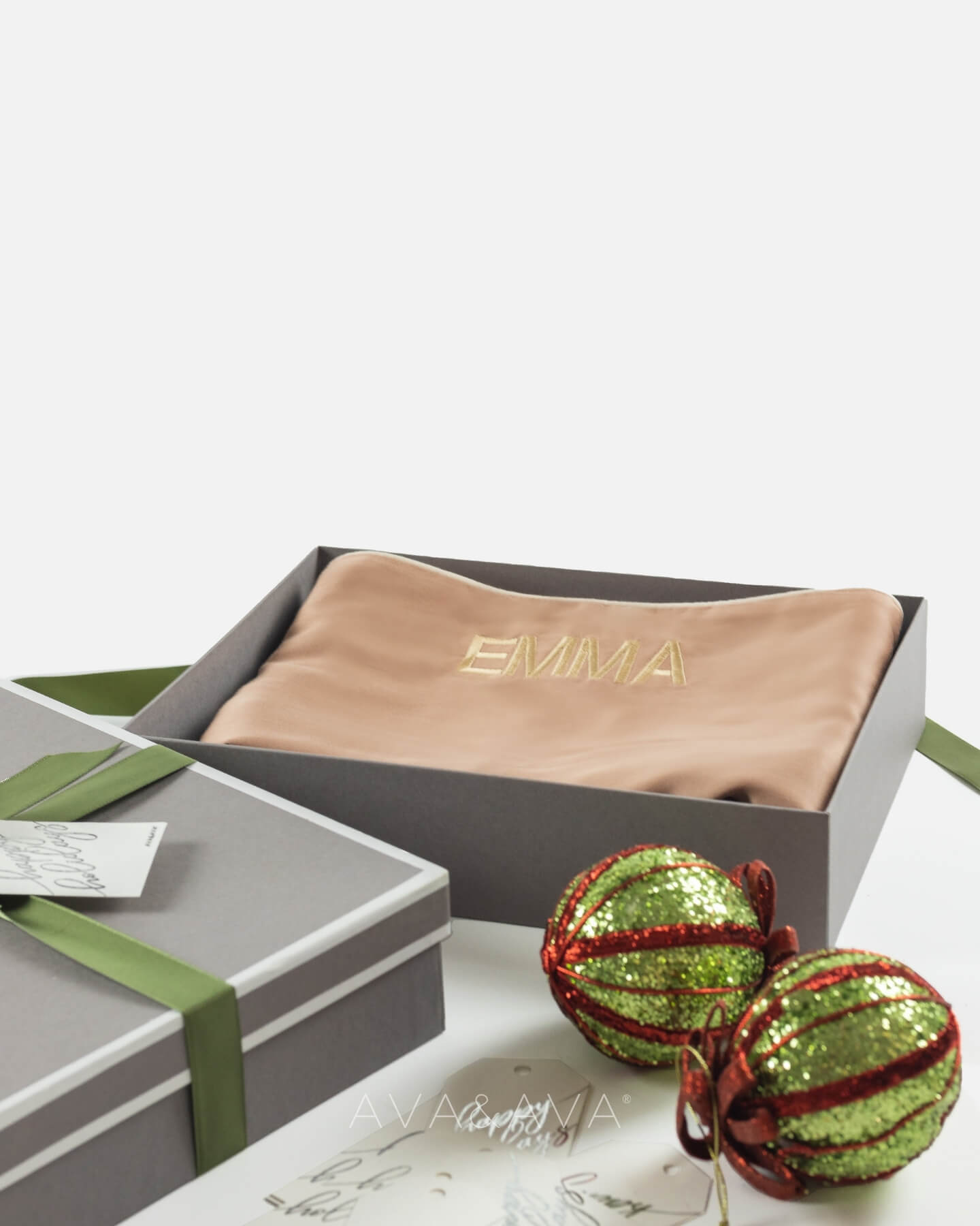Ava and ava ph premium gift box with organic bamboo lyocell 2pc pillowcase set with personalized embroidery monogram. christmas holidays.
