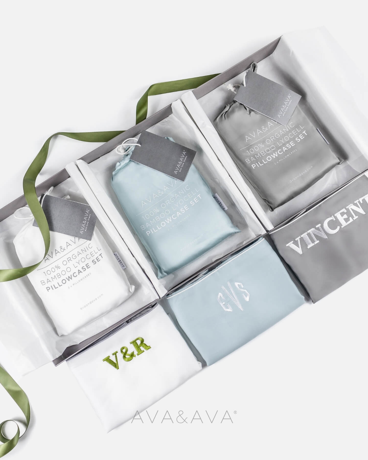 ava and ava ph gray premium gift box. organic bamboo lyocell pillowcase set white blue gray. 
